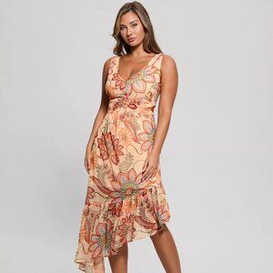 GUESS Women's Sabrina Printed Asymmetric-Ruffle-Hem Dress Size 6